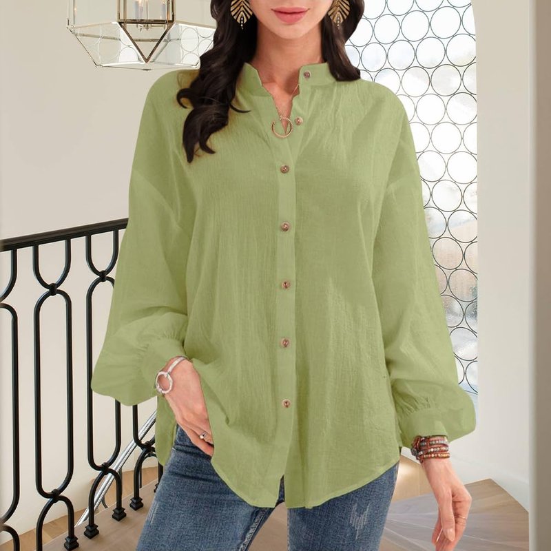 Women's Cotton Blend Henly Shirt V Neck Shirt Casual Work Lounge Blouse Tops Button Down Shirts Plain Solid Green