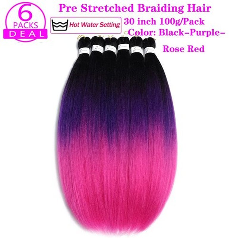 Pre Stretched Braiding Hair Extensions 30 Inch 6 Packs Long Professional Crochet Twist Braids Hair High Temperature Synthetic Fiber Yaki Texture(30",black-purple-rose red)
