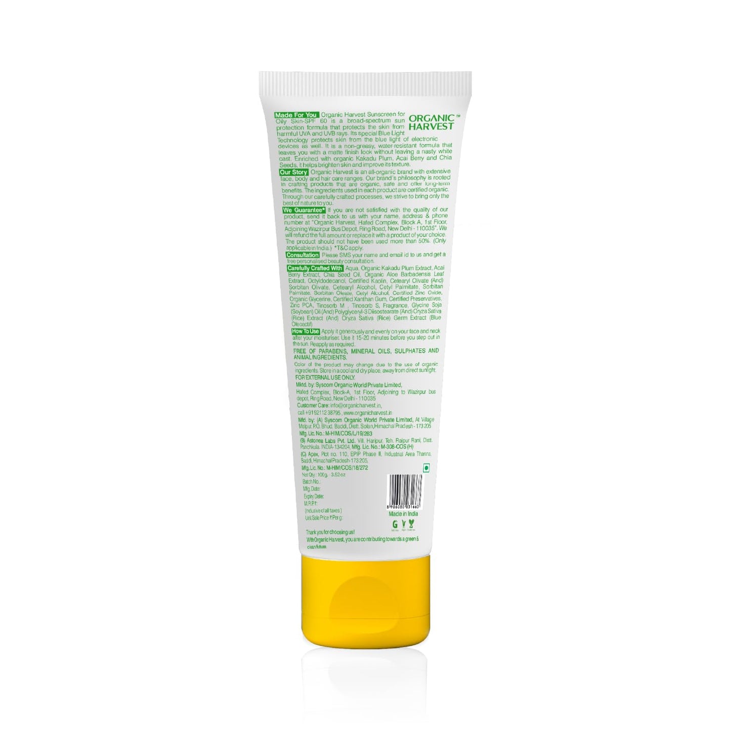 Organic Harvest Sunscreen For Women & Men SPF 60 PA+++ for Oily or Acne Prone Skin | Sunscreen Lotion Protects From Harmful UVA & UVB Rays | Hydrates & Nourished Skin | Sulphate & Paraben Free - 100gm