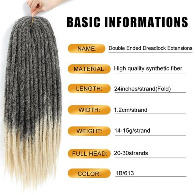 Aguacor Straight Dreadlocks Synthetic Double Ended Dreadlock Extensions 24inches 5 Strands Width 1.2cm Soft Black to Blonde DE Dreadlock Extensions for Women (5 Strands, 1B/613)