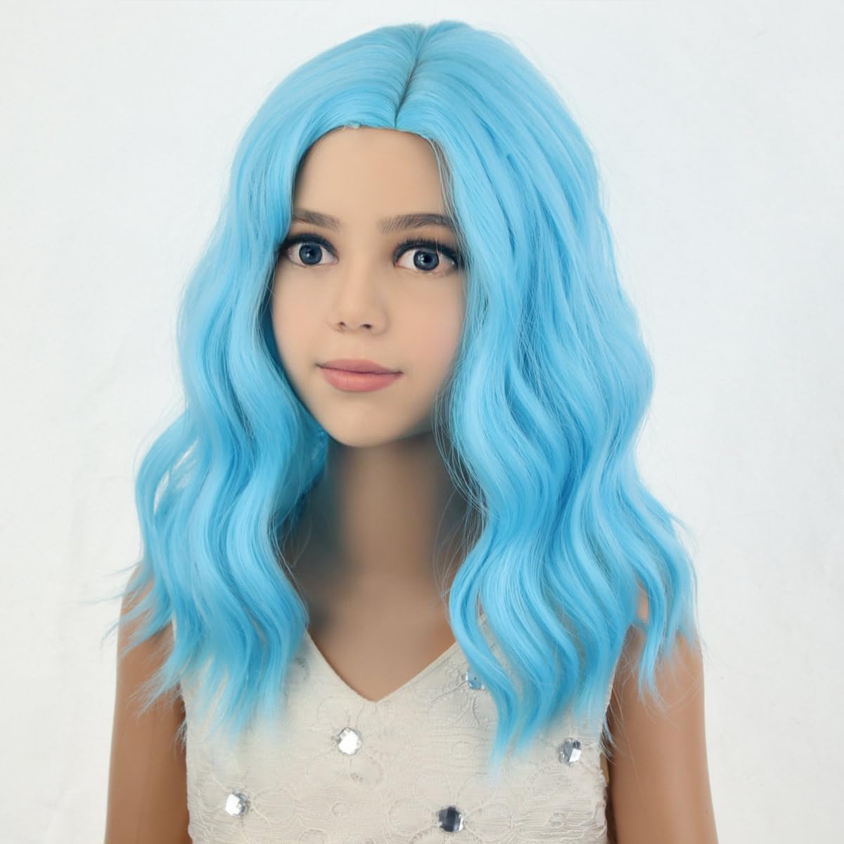 PATTNIUM Kids Blue Wig Short Wavy Wig Light Blue Wig for Kids Cosplay Halloween Party Costume Heat Resistant Synthetic Wig for Girls (Light Blue)