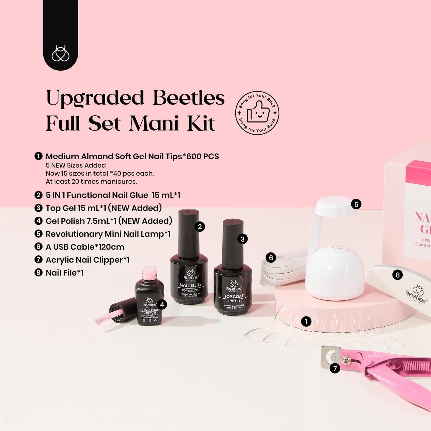 Beetles Gel Nail Kit 600Pcs 15 Sizes Medium Almond Nail Tips with Pink Color Gel Top Coat,Soft Clear Nail Tips Set 5 In 1 Nail Glue Uv Nail Lamp Easy Nail Extension Set Valentine's Day Gifts for Women