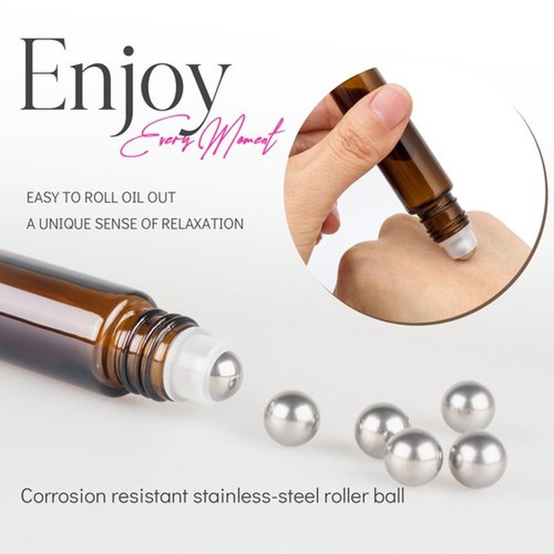 ZEJIA 10ml roller bottles for essential oils, 24 Pack Roll on Bottles, Amber Thick Glass Roller Bottles for Oils, with Stainless Steel Roller Balls, 2 Droppers