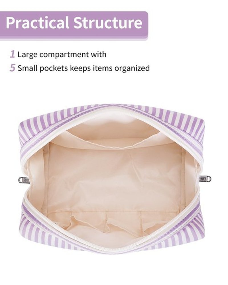 Narwey Striped Makeup Bag Travel Cosmetic Bag Organizer Toiletry Bag Make Up Bags with Compartments for Women (Large, Purple Stripe)
