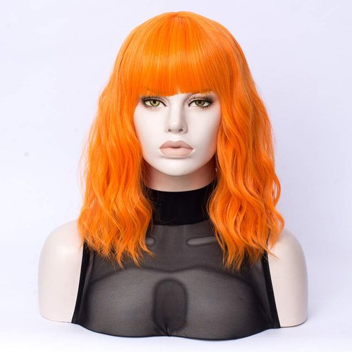 QACCF Orange Curly Wig Short Wavy Shoulder Length Women Full Bang Heat Resistant Wig (Orange)