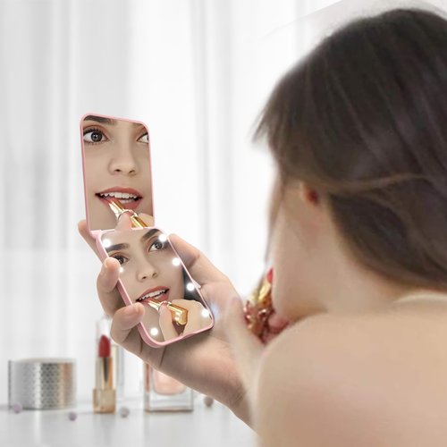 Milishow Compact Mirror, 1x/3x Magnifying LED Pocket Mirror, Small Lighted Travel Makeup Mirror for Purse, Handbag, Folding, Handheld, 2-Sided Mini Mirror with Lights for Women (Pink 1pack)