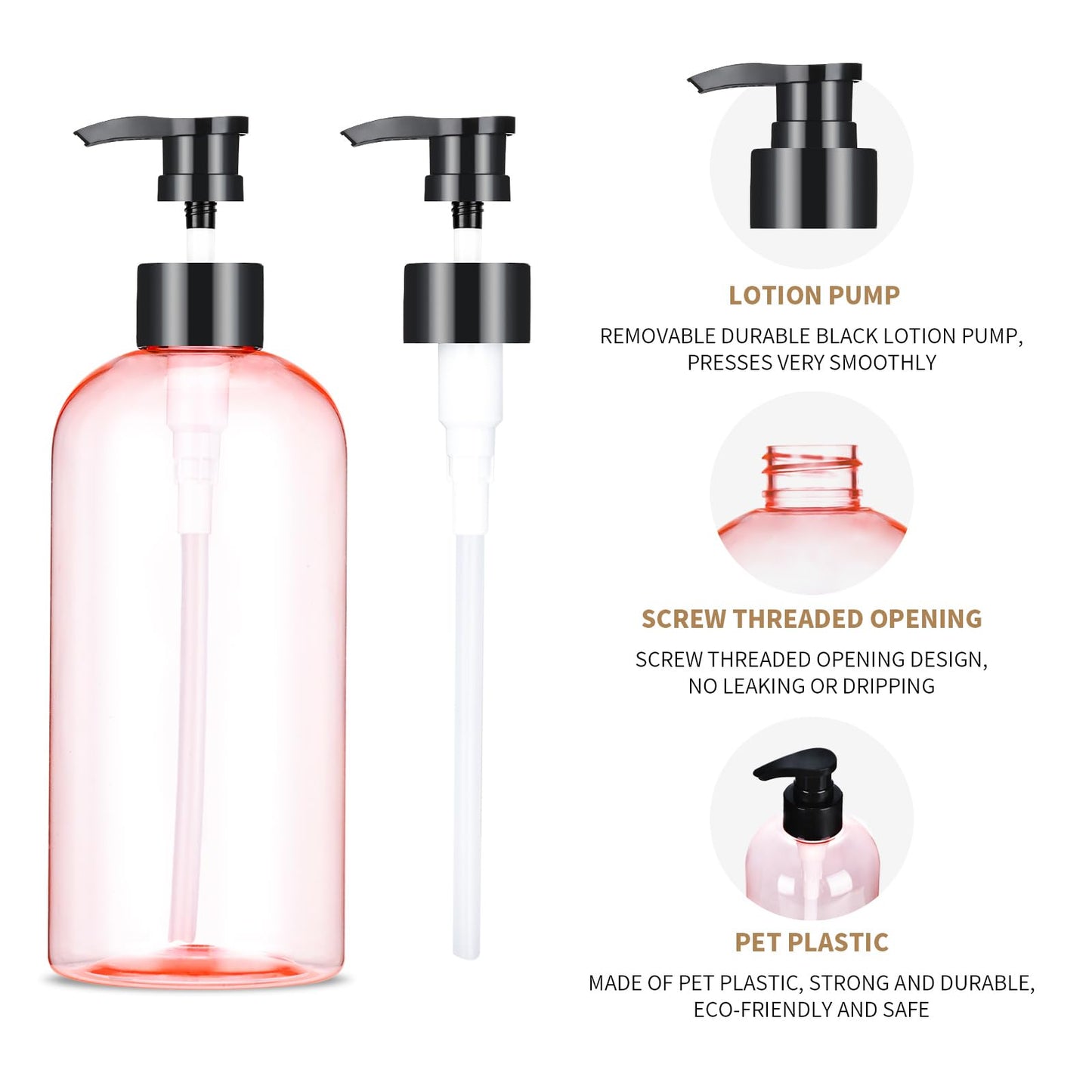 Bynccea 2 Pack Empty Plastic Pump Bottles Dispenser 16 oz / 500 ml Refillable Shampoo Bottles with Pumps Cylinder Shampoo Lotion Hand Pump Bottle Liquid Container for Bathroom Shampoo and Body Wash