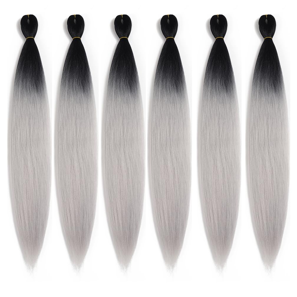 BALINGHAIR Pre-Stretched Braiding Hair Extensions High Temperature Braids Hair 28 Inch Ombre Black to Light Grey(B36-6Packs)