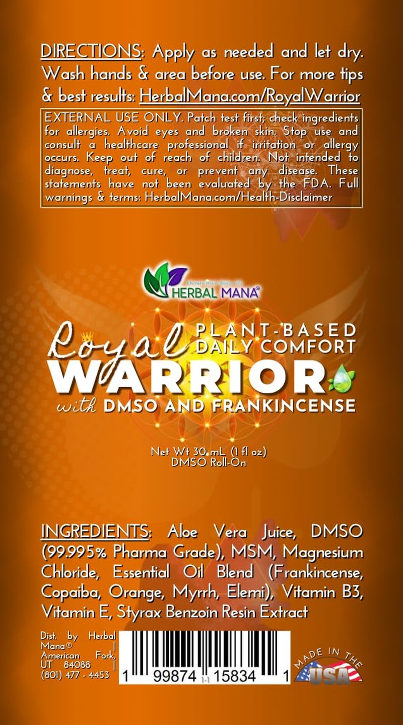 Herbal Mana Frankincense DMSO Roll-On | Menthol-Free | Royal Warrior | 1 fl oz (30 mL)