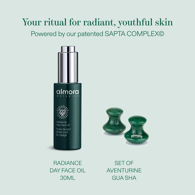 Almora Botanica Radiant Glow Gift Set – 3 Piece | Radiance Day Face Oil (30 mL) & Two Aventurine Green Gua Sha Stones | Ayurvedic Skincare & Face Yoga Ritual | Clean, Vegan Beauty Gift