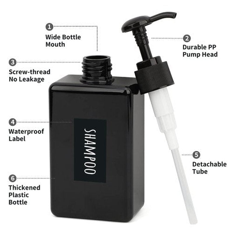 Segbeauty Shampoo Conditioner Dispenser Small, 4 Pack 9.5oz Plastic Square Pump Bottles with Labels, 280ml Refillable Bathroom Soap Dispenser Empty Lotion Liquid Container Travel Cosmetic Bottle Black