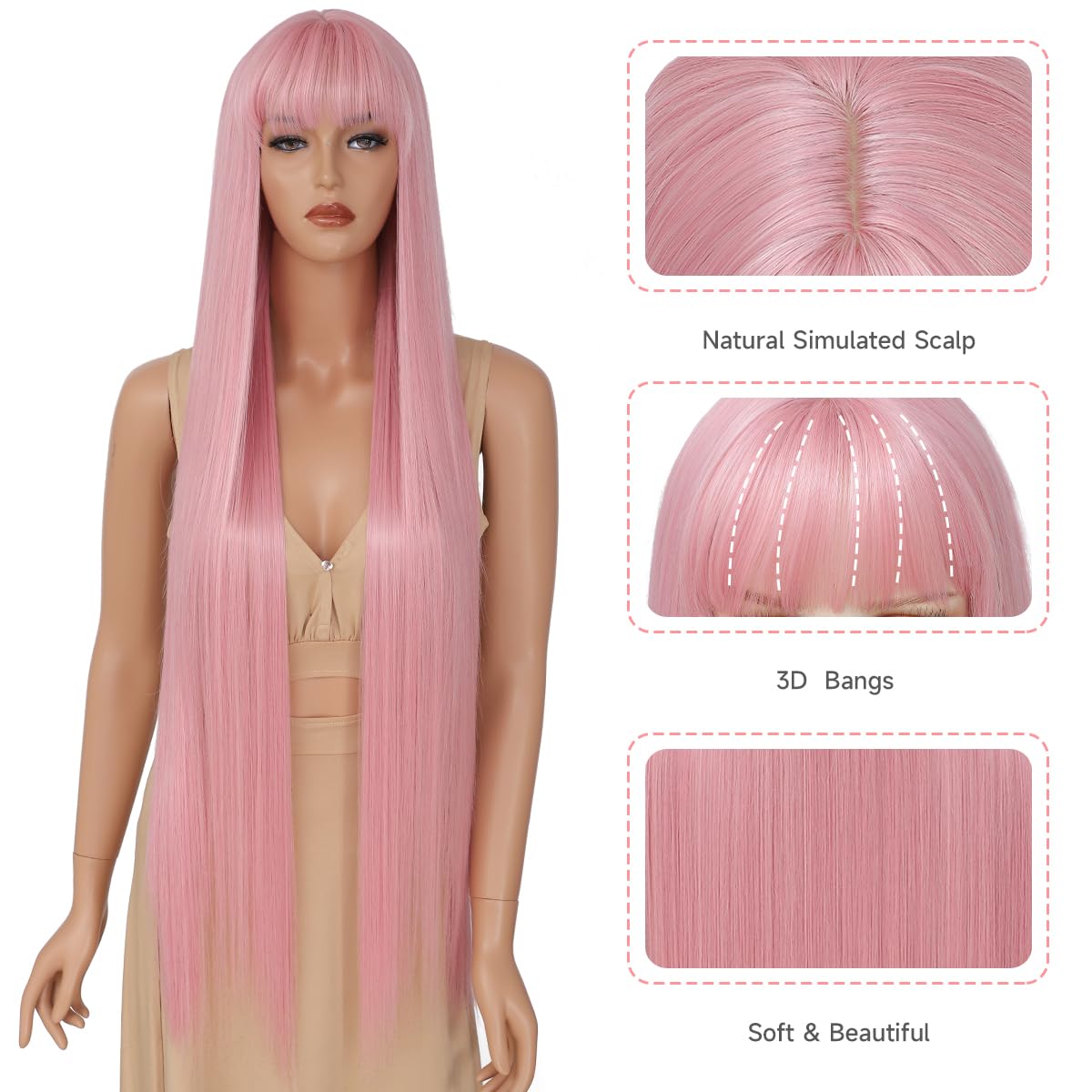 YKHJH Pink Synthetic Wig with Bangs Natural Pink Mixed Super Long Straight Hair 40 Inch Heat Resistant Synthetic Wigs for Fashion Women (Pink)