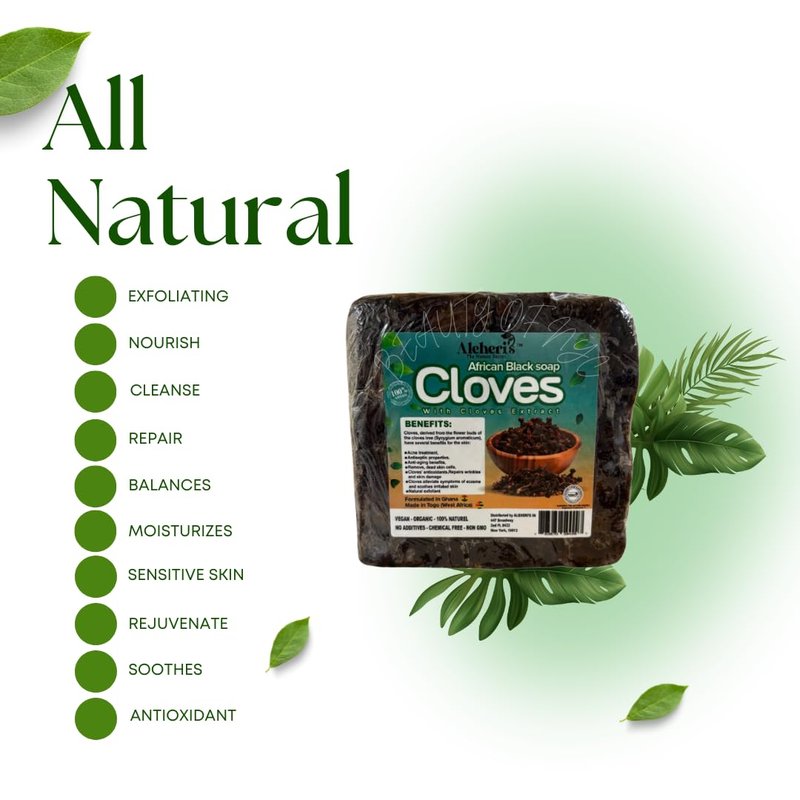 Aleheri's African Black Soap with Renewing Cloves -16 oz All Natural Organic Face & Body Wash for Dullness, Dark Spots & Rough Texture - Antioxidant-Rich for Brighter, Smoother Skin (1, 16 oz)