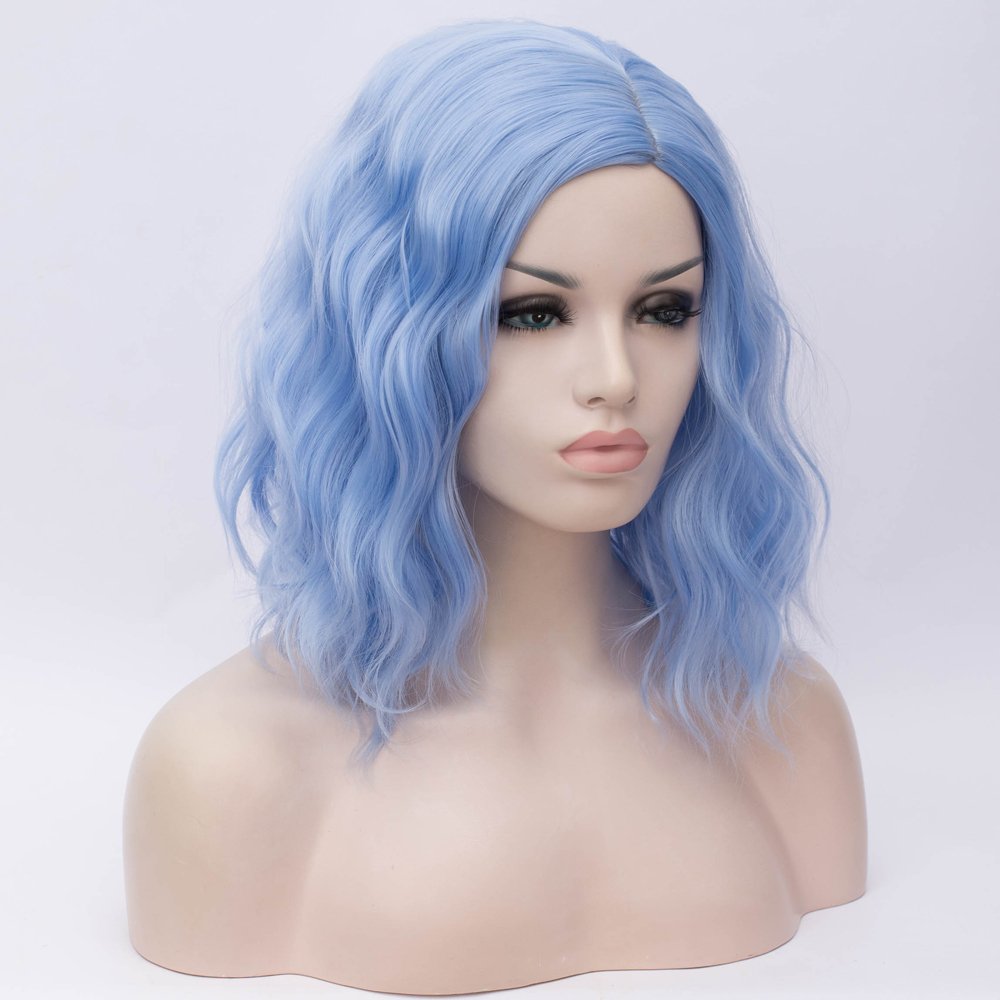 BERON Blue Wigs for Women Girls Short Curly Wavy Hair Wig Sky Blue Colored Halloween Cosplay Daily Party Wigs