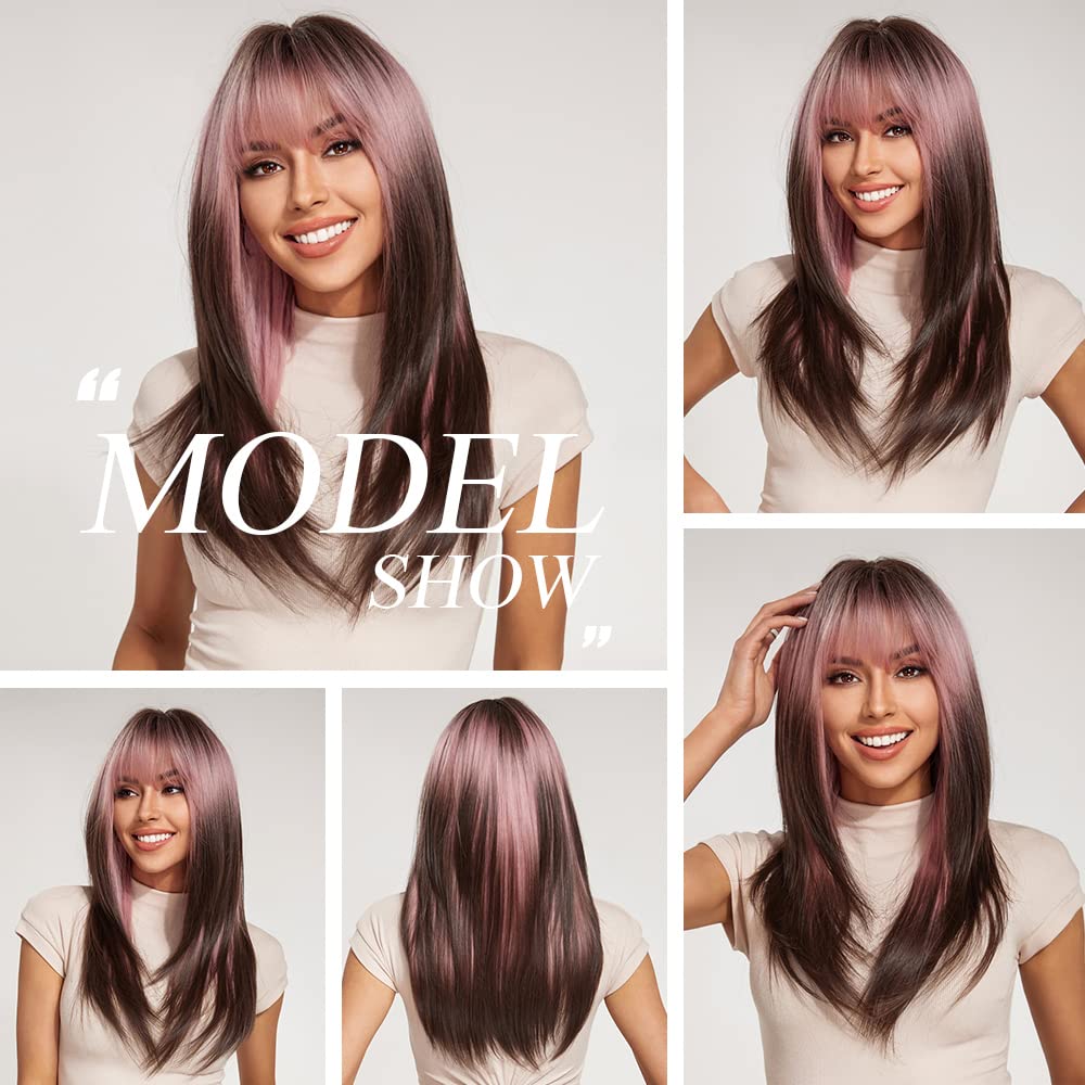 OUFEI Pink Brown Ombre Wig with Bangs Long Straight wigs for Women Layered Wigs Synthetic Hair Heat Resistant Wigs for Daily Party Cosplay Wear