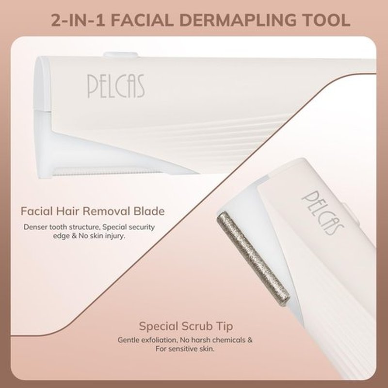 PELCAS Electric Dermaplaning Tool for Face with LED Light, Mini Facial Dermaplaning Razor Kit, Painless 3 Speeds Facial Peach Fuzz & Hair Removal At Home for Women with 6 Blades Off White