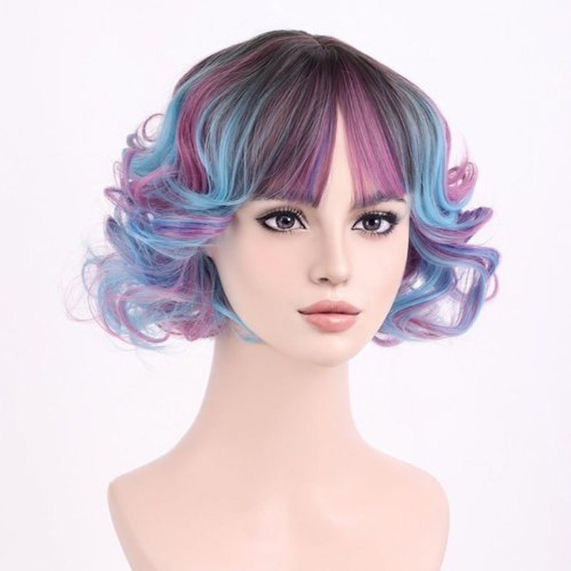 MAGQOO Rainbow Wig with Bangs Women Girls Short Curly Wavy Fluffy Wig Multicolor Blue Pink Hair Wigs Halloween Cosplay Costume Party Wig