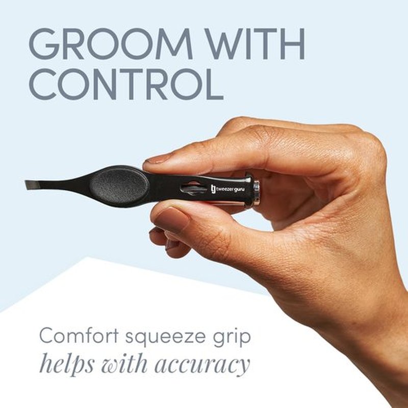 Tweezer Guru Pro Illuminating Eyebrow Tweezers for Women & Men Professional Stainless Steel Slanted Tweezers with LED Light Mirror Pouch Precision Tweezers for Brow Facial Hair Ingrown Hair Black