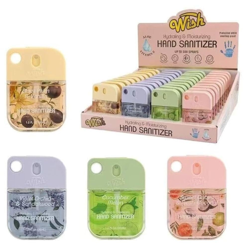 Wish Hand Sanitizer Spray Travel Size 40-Pack, 1.2 FL OZ (35mL) Each – Vanilla, Sandalwood, Fresh Coconut, Macadamia – Hydrating & Moisturizing Formula.(40 Pack)