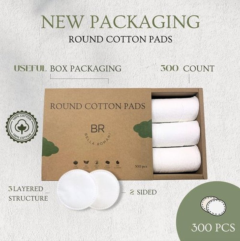 Bella Romani Organic Cotton Rounds (300 Count) Makeup Remover Pads, Hypoallergenic, Lint-Free | 100% Pure Cotton