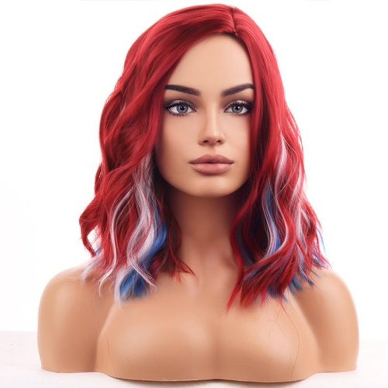 BERON Red White and Blue Wigs for Women Fourth of July Costume Cosplay Wig Short Curly Wavy Multi-color Girls Hair Wigs