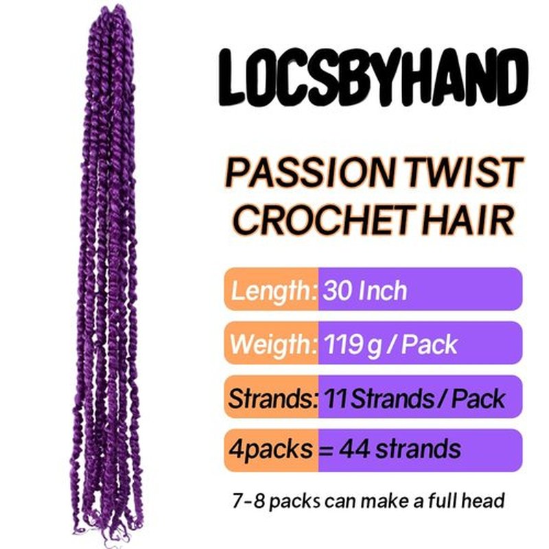 LOCSBYHAND 30 Inch Long Pre-looped/twisted Passion Twist Crochet Hair 4 Packs for Mixed-color Using (4 Packs, Purple)