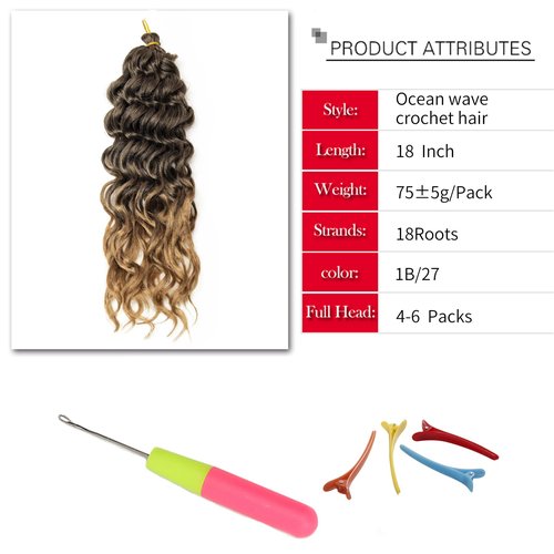 Ocean Wave Crochet Hair 24inch Deep Wave Curly Crochet Hair For Women Hawaii Curly Braiding Hair Synthetic Bohemian Crochet Braid Water Wave Crochet hair Extensions (6Packs, 1B/27)