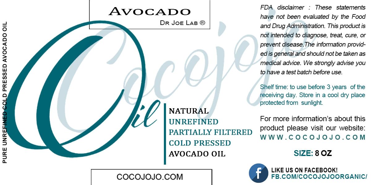 cocojojo AVOCADO OIL - Cold Pressed Partially Filtered 8 oz Pure Seed Oil Extra Virgin Unrefined Moisturizer
