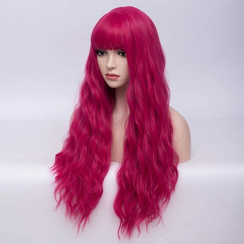 BERON 27 Inches Dark Pink Wig with Bangs Hot Pink Wig for Women Fluffy Wavy Heat Resistant Synthetic Wig (Hot Pink)