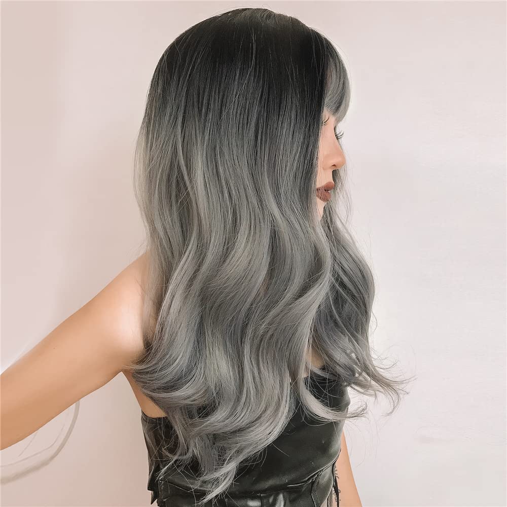 ISHINE Long Wavy Grey Wigs, Omber Gray Curly Wigs for Women, Natural Looking Synthetic Wig with Bangs, Hair Replacement Wigs for Daily Cosplay Party Halloween Costume 24 inch