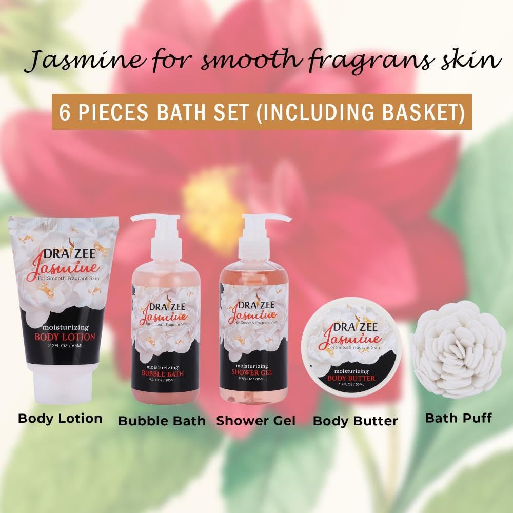Valentine's Day Gifts for Her - Jasmine Scented Bath and Body Set of 6-Piece Heel Shoe Spa Basket, with Body Lotion, Butter, Shower Gel, Bubble Bath, Puff- Gift for Women, Wife, Mom, Friend by Draizee