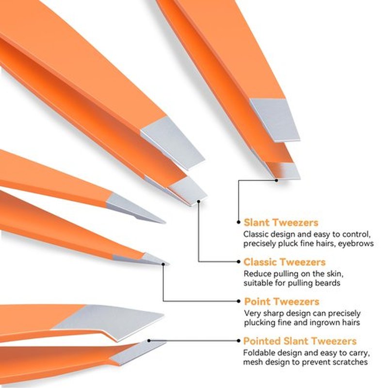 FACEMADE 4 Pack Tweezers Set - Professional Stainless Steel Tweezers for Men and Women, Precision Eyebrow Tweezers for Facial Hair, Chin, and Ingrown Hair Removal (Orange)