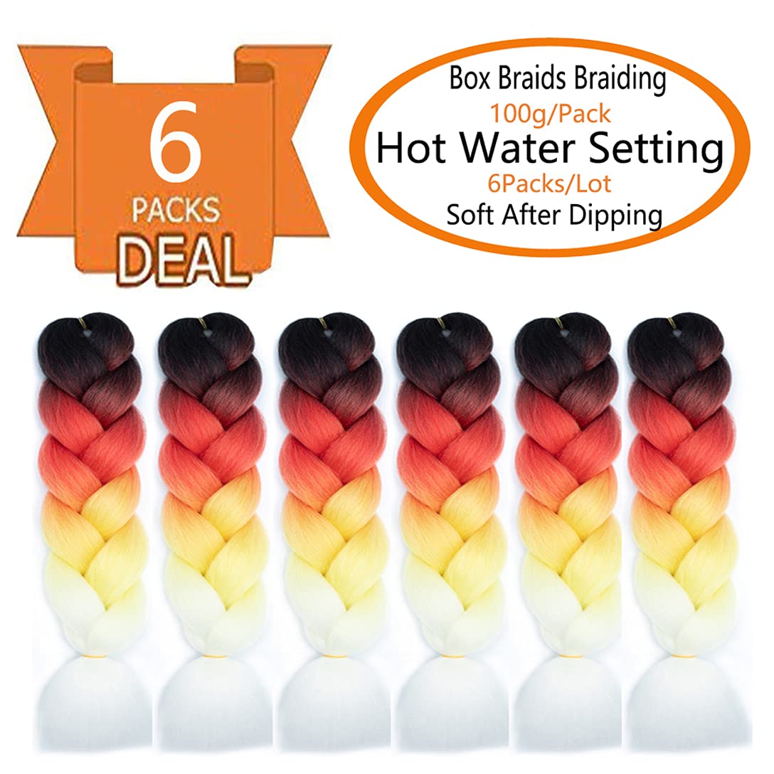 SHUOHAN 6 Packs Ombre Jumbo Braiding Hair Extensions 24 Inch High Temperature Synthetic Fiber Hair Extensions for Box Braids Braiding Hair (Black to Red to Yellow to White)