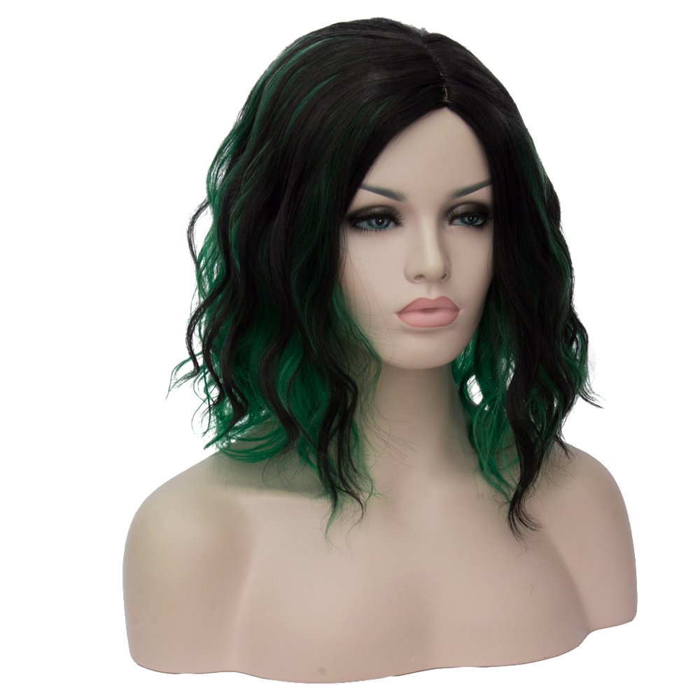 BERON Black and Green Wigs Women Short Curly Wavy Wig Girls Mixed Color Shoulder Length Side Part Halloween Cosplay Party or Daily Used Wig