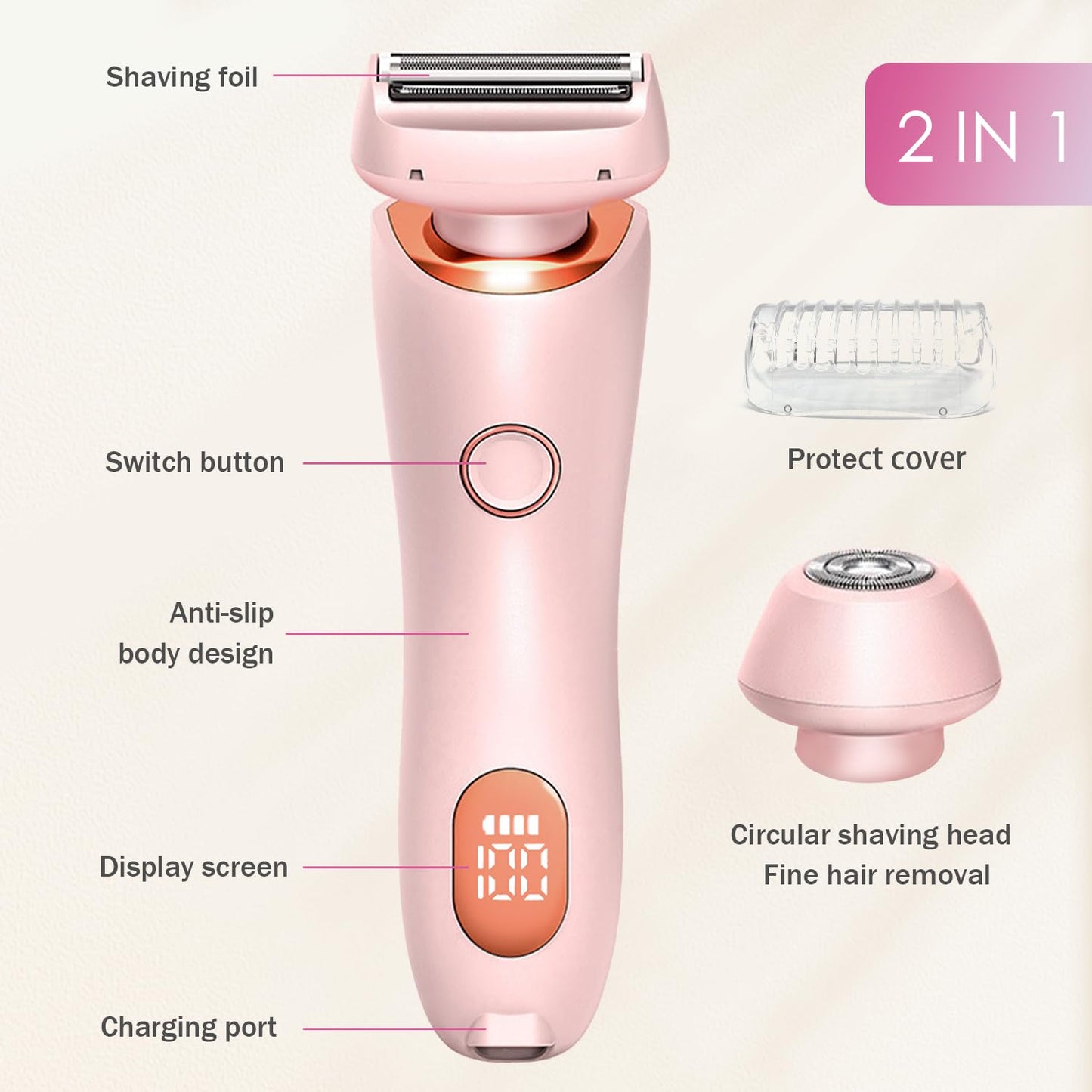 Livora Electric Shaver for Women,Silk Glide Pro Shaver,Rechargeable Electric Trimmer for Bikini, Pubic Hair, Legs, Body, Wet/Dry (Pink)