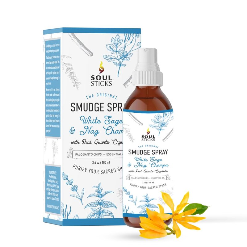 SOUL STICKS White Sage & Nag Champa Smudge Spray – 3.5oz Smokeless Cleansing Mist with Quartz Crystals – Spiritual Aromatherapy Spray for Meditation, Yoga, Home Energy Clearing & Relaxation
