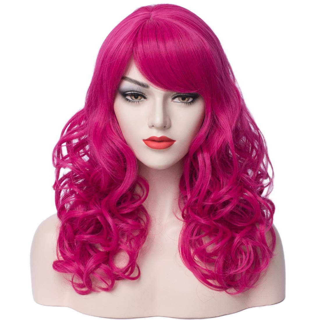 PATTNIUM Hot Pink Wig Women Shoulder Length Curly Wig Dark Pink Wig With Bangs for Women and Girls Synthetic Cosplay Costume Wig (Hot Pink)