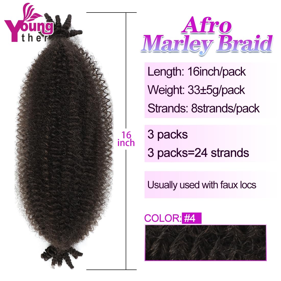 Pre-Separated Springy Afro Twist Hair 16 Inch 3 Packs Soft Spring Twist Hair for Butterfly Locs Wrapping Hair For Soft Locs Synthetic Marley Twist Braiding Hair Extensions for Black Women (#4)