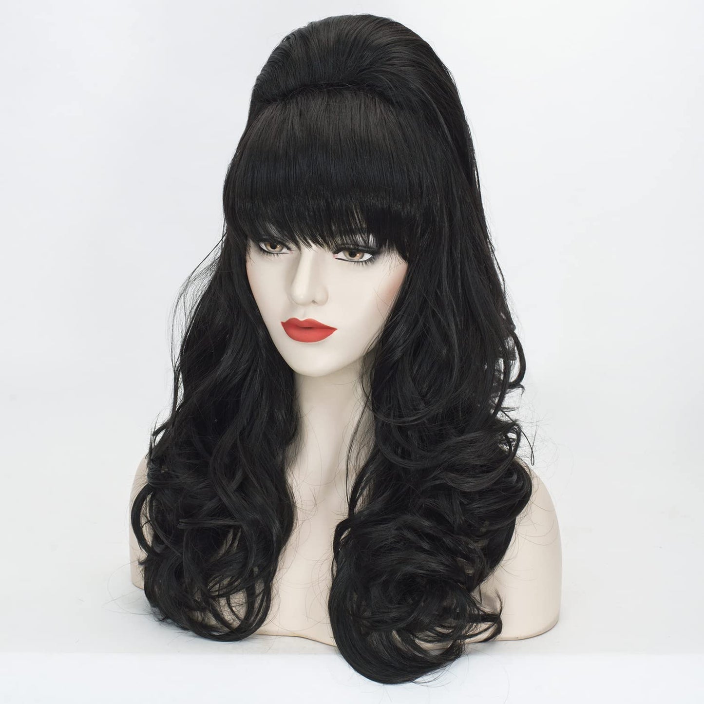 Beehive Wig Black Women Vintage Long Curly Bouffant Updo Victorian Fembot Wig 60s 50s Costume Married Housewife Heat Resistant Synthetic Hair Wigs for Halloween Party + Wig Cap