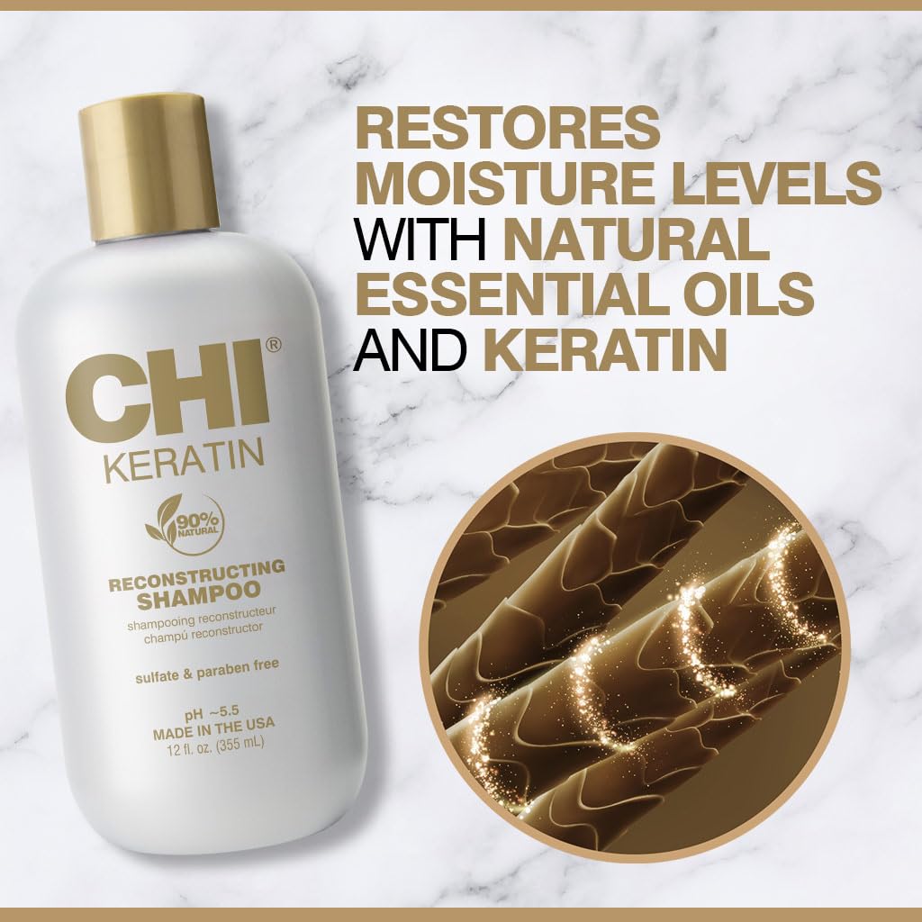 CHI Keratin Reconstructing Shampoo, Delivers Healthier Hair, Adds Shine & Helps Prevent Future Breakage, Sulfate, Paraben, & Cruelty-Free, 32 Oz
