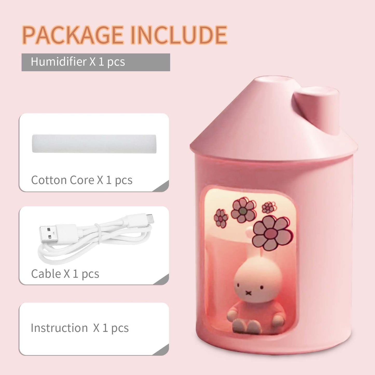 Mipow x miffy BTA700M Cool Mist Humidifier for Bedroom,Ultrasonic Quiet Humidifier with Night Light,450 ML Double Spray Humidifiers for Nursery,Office Indoor Plants (Pink), Gift for Father's Day