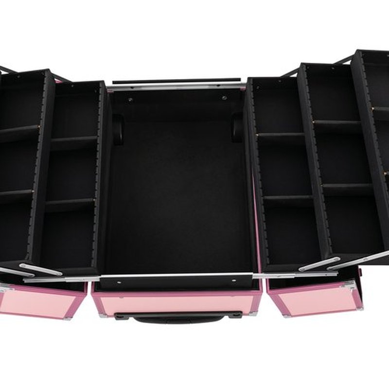CRYBY Rolling Makeup Case, Multi-Layer Makeup Train Case Makeup Travel Organizer with 6 Trays & 2 Keys, 110.23lbs Capacity Lockable Cosmetic Case Salon Barber Case Makeup Storage Cart (Pink)