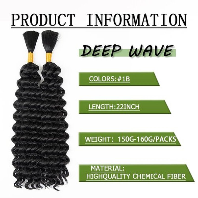 Deep Wave Bulk hair for Braiding Wet and Wavy Micro Braiding Hair No Weft Faux Deep Wave Braiding Hair Extensions for Box Boho Braids 155g with 2Bundles #1B (22Inch)