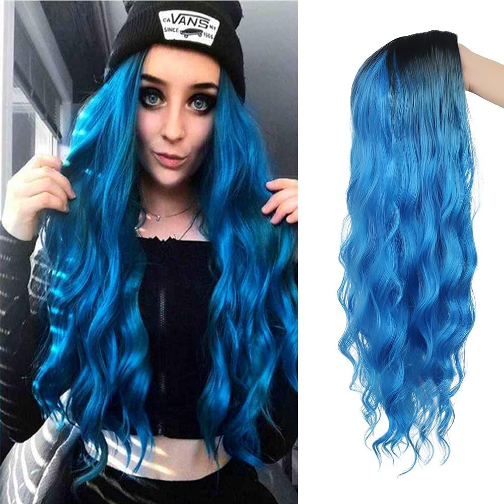 Kaneles Blue Wigs for Women Ombre Long Blue Fluffy Curly Wavy Colorful Wigs for Daily Party Cosplay