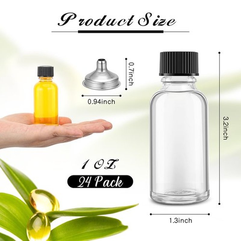 Hsei 24 Pcs 1 oz Glass Bottle with Black Cap Clear Sample Boston Round Bottle Small Glass Containers with Lids 1 oz Bottles with Funnel Chalk Labels Pen for Vanilla Extract Essential Oils (2 Sheet)