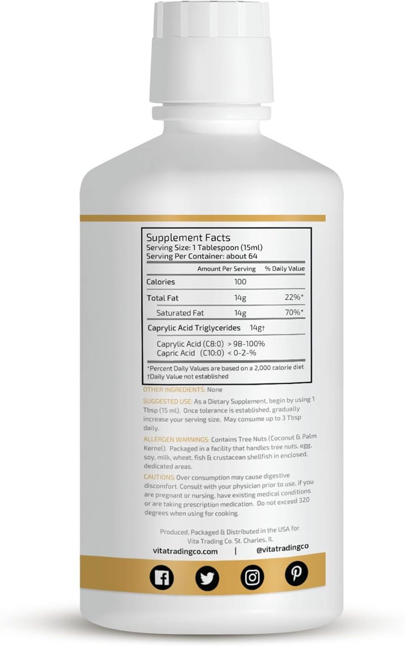 100% Pure C8 MCT Oil - 3X Distilled Caprylic Acid for Clean Energy | Non-GMO, Paleo, Keto | 32oz, 64 Servings
