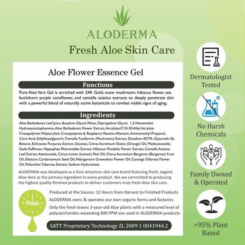 Aloderma Age-Defying Aloe Flower Essence Gel with 24K Gold Leaf, Made within 12 Hours of Harvest - Luxurious Aloe Gel with Allantoin & Hyaluronic Acid for a Shimmering, Youthful Complexion, 7oz 3-Pack