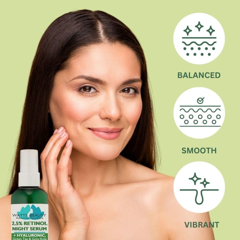 Watts Beauty 2.5% Retinol Serum with 50% Hyaluronic Acid - Anti Aging, Fine Lines, Wrinkles, Blemishes, Large Pores - No Parabens, No Animal Testing - 4.48oz