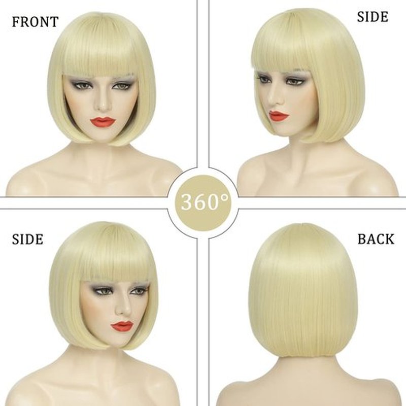 YBYMCAI Blonde Bob Wig For Women Short Blonde 613 Bob Wig With Bangs Straight Bob Bangs Wig 10 Inch Heat Resistant Synthetic Hair Natural Looking For Daily Party Use