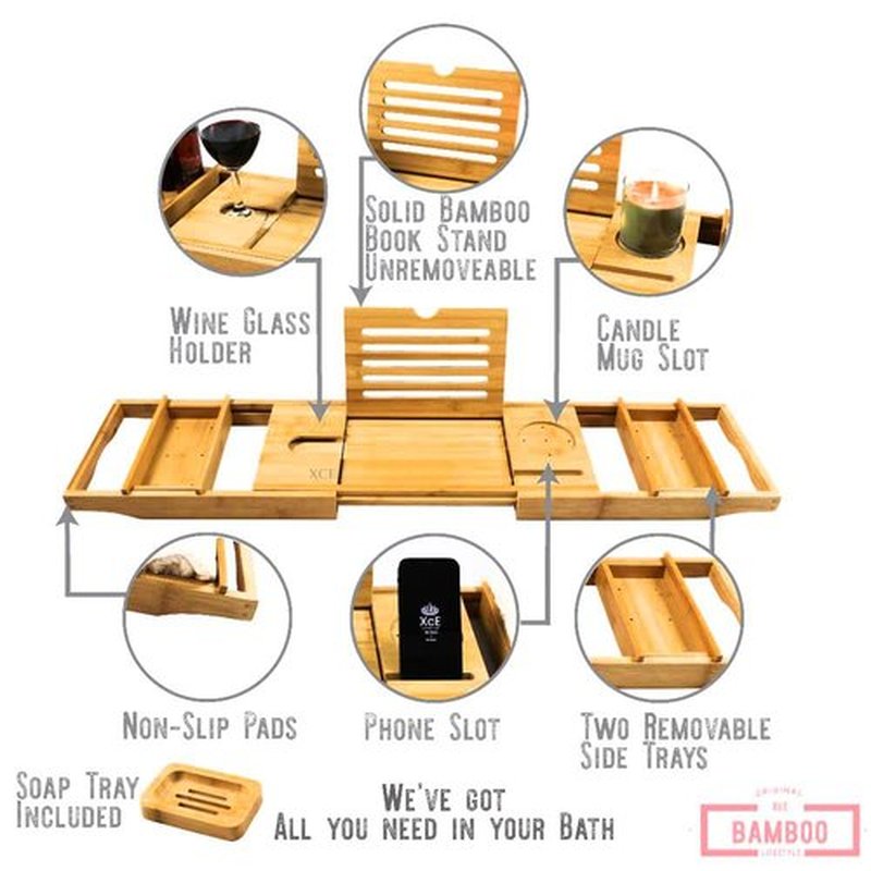 XcE Bathtub Caddy Tray (Natural)- Bamboo Wood Bath Tray and Bath Caddy for a Home Spa Experience